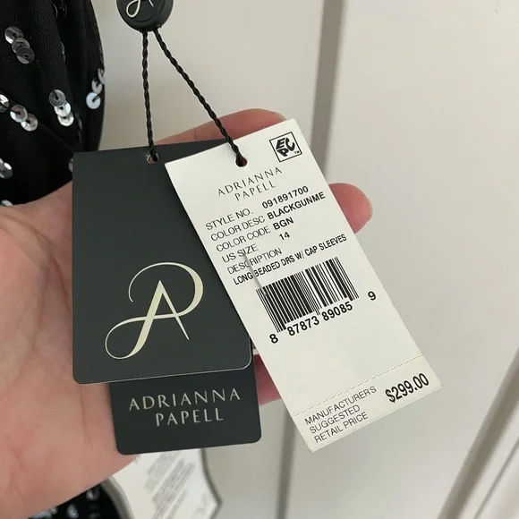 Sz 14 Adrianna Papell beaded chiffon black floor-length gown, V-neckline, NWT - Picture 4 of 14